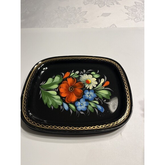 5 Vintage Zhostovo Soviet Russian Hand Painted Flowers Toleware Trays Yeha 8x6” - Picture 13 of 15
